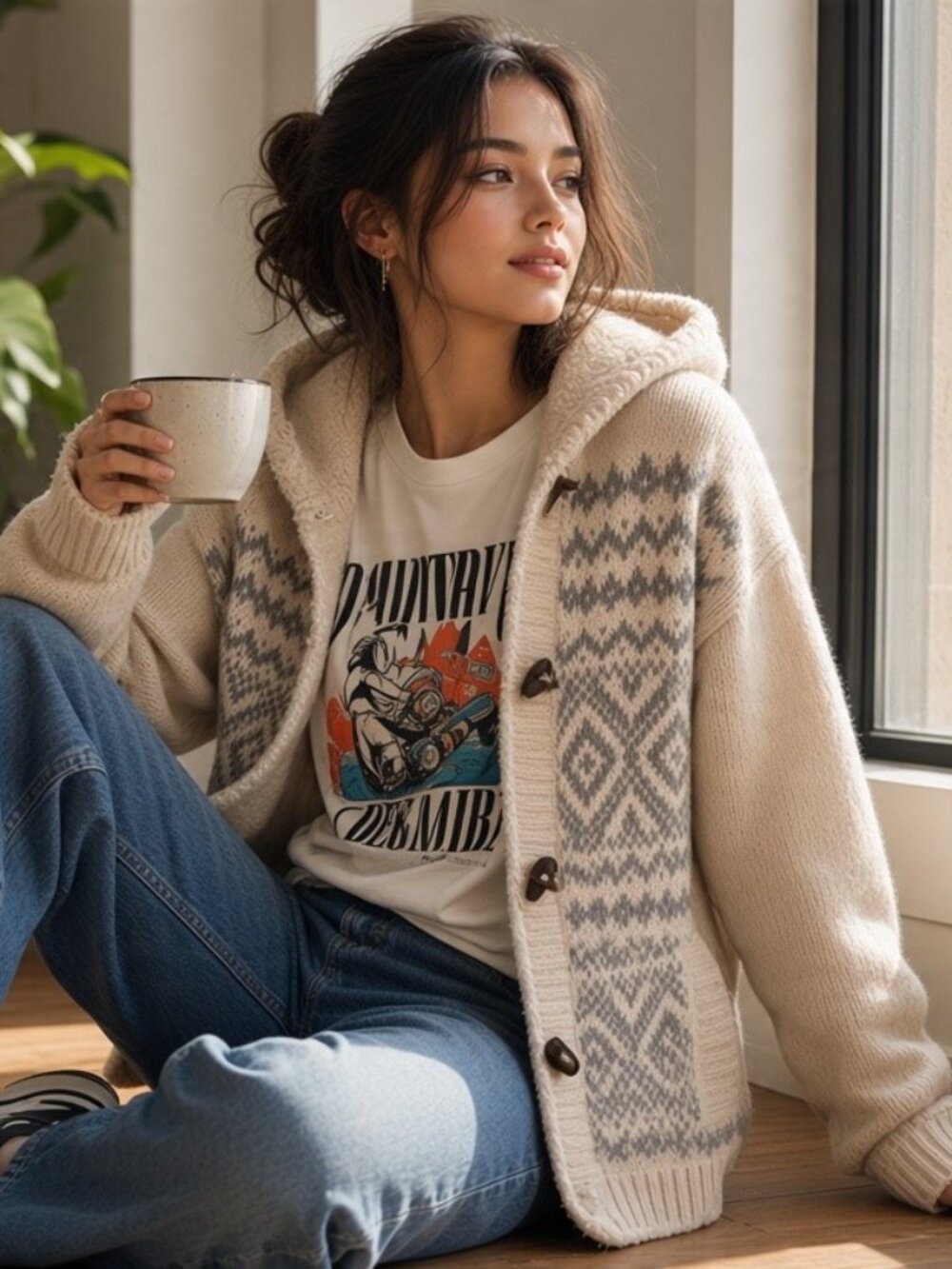 L.L. Bean Sherpa Lined Fair Isle Toggle Hooded Cardigan Sweater Cream Small